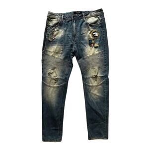 AKOO Men’s Distressed Moto Jeans Size 40 Patchwork Biker Denim
